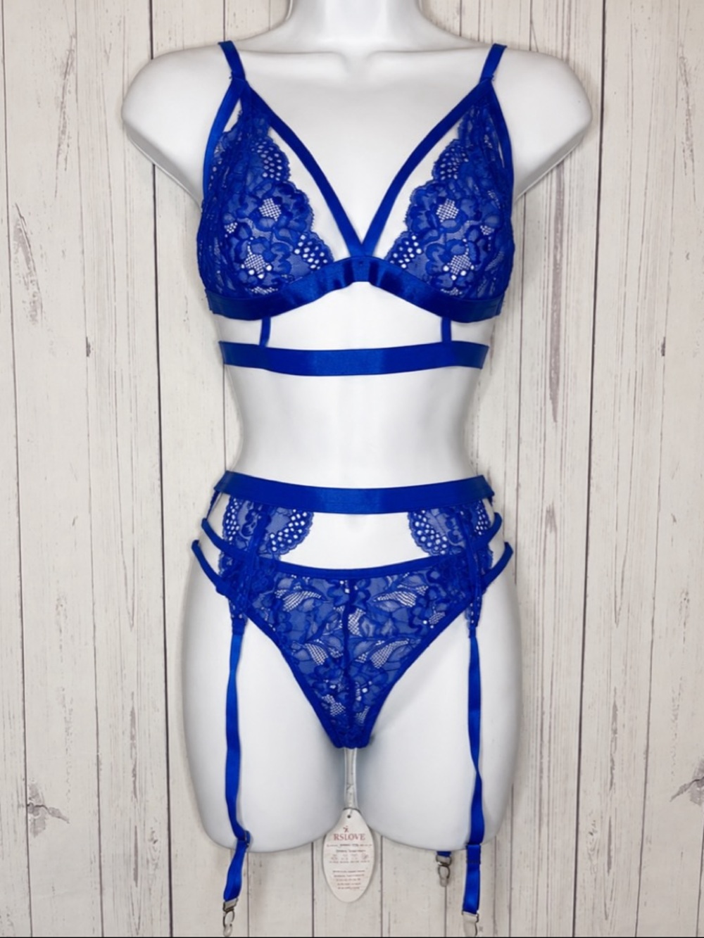 RSLOVE Women’s Size XXL Blue Lace Lingerie 3 Piece Set With Garter Belt